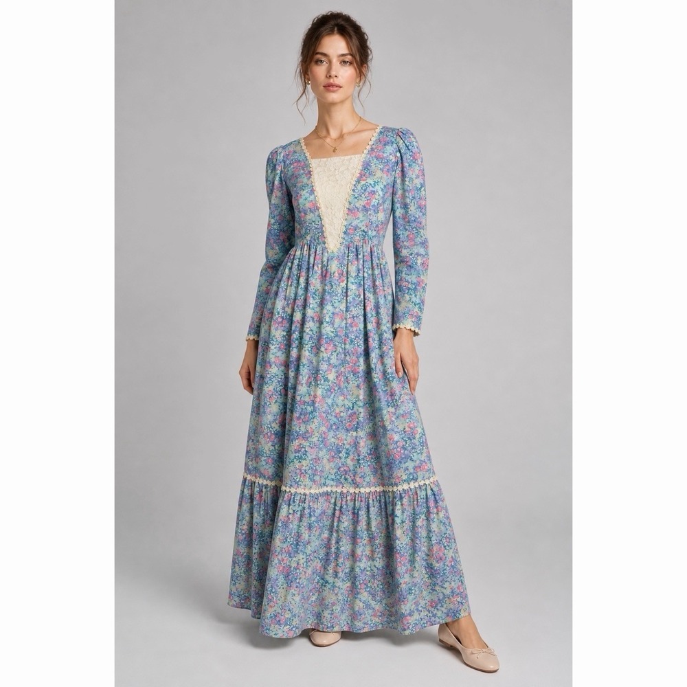 Vintage Prairie Maxi Dress XS / S Blue Floral Cottagecore Western Hilda Hawaii - Picture 2 of 10